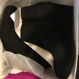 Never worn, brand new, black wedge booties
